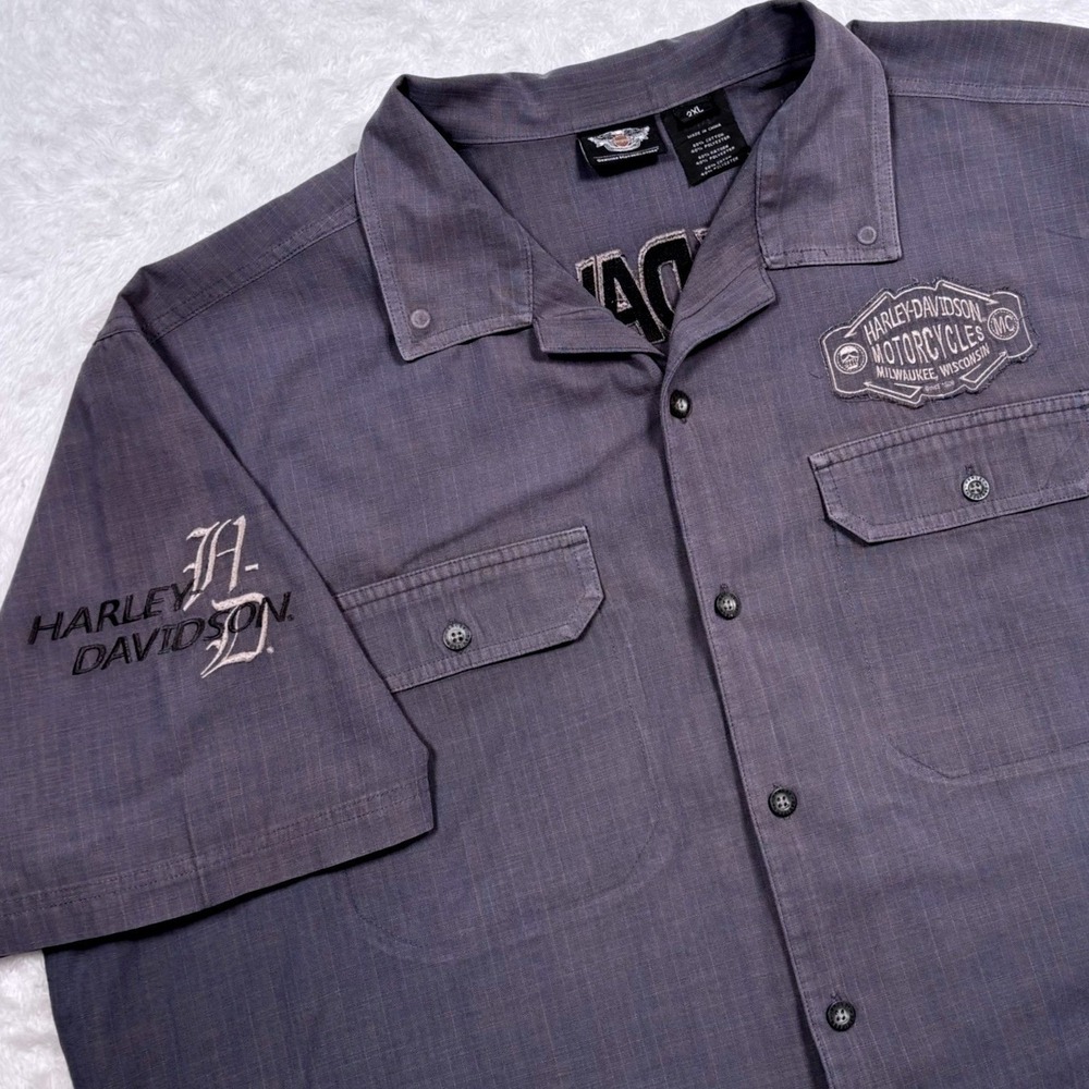 Y2K Harley-Davidson Button Shirt Men 2XL Gray Blue Mechanic Spellout Short Slv - Picture 2 of 16
